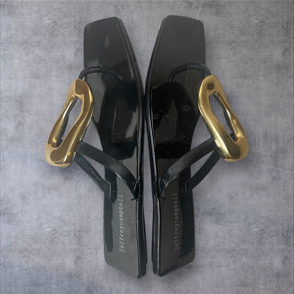 Jeffrey Campbell Black Linques Gold Ring Thong Sandals Womens 8 Flip Flop - Picture 6 of 8